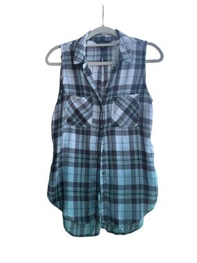 Rock & Republic Sleeveless Plaid Button-Front Shirt - Blue & Gray Size S